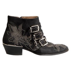Used Chloé Black Studded Western Ankle Boots Size IT 36.5