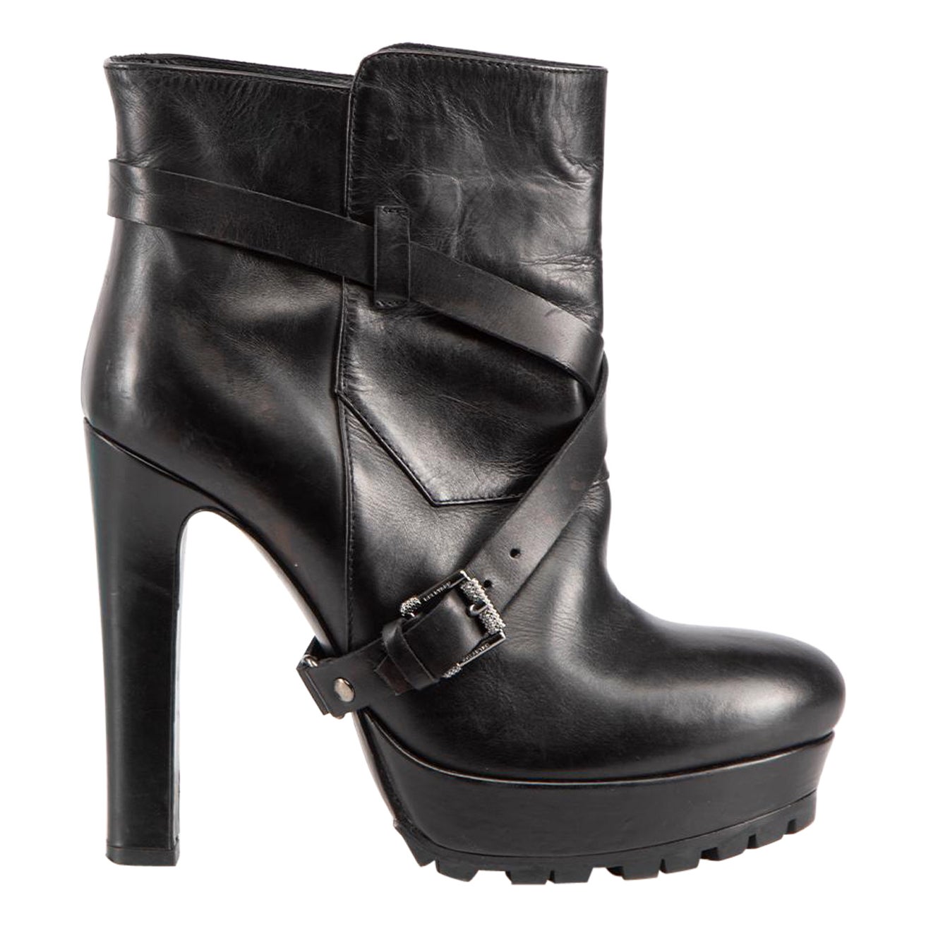 Belstaff Black Leather Buckle Strap Boots Size IT 36 For Sale