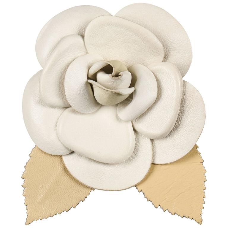 CHANEL White Leather Camellia Flower Gold Beige Leaves Floral Brooch Pin at  1stDibs | chanel leather camellia brooch