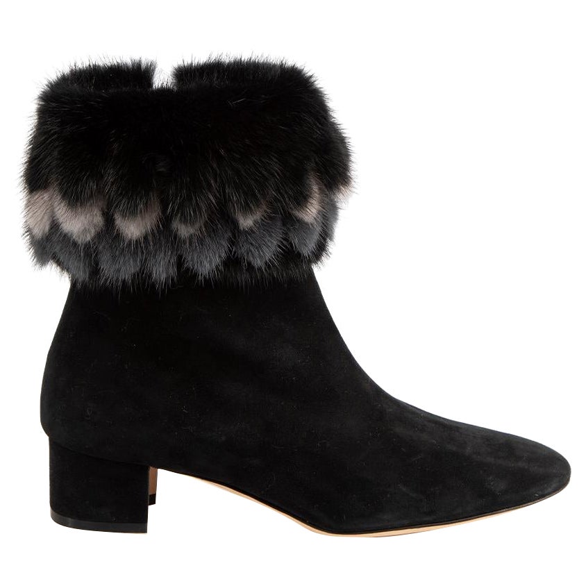 Manolo Blahnik Black Suede Fur Trim Ankle Boots Size IT 38.5 For Sale
