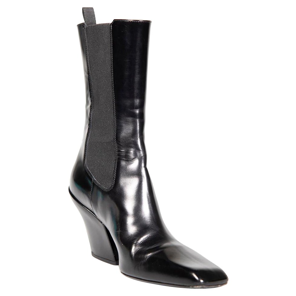 Prada Black Leather Square Mid Calf Boots Size IT 38