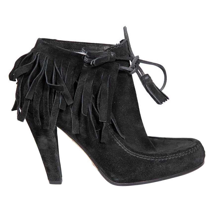 Gucci Black Suede Fringe Heeled Ankle Boots Size IT 36 For Sale