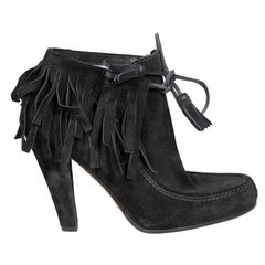 Gucci Black Suede Fringe Heeled Ankle Boots Size IT 36