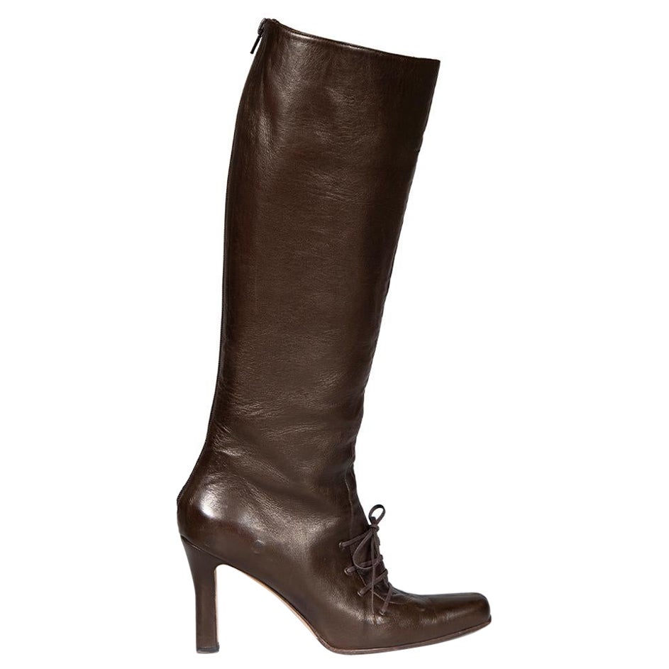 Manolo Blahnik Brown Leather Knee-High Boots Size IT 40 For Sale