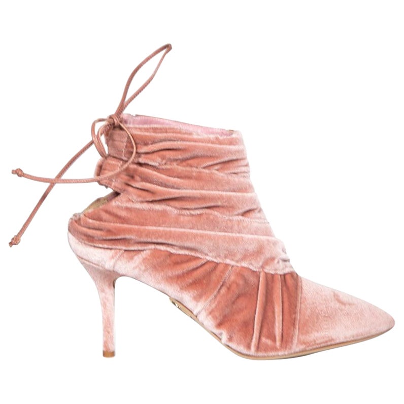Charlotte Olympia Pink Velvet Ruched Ankle Boots Size IT 37 For Sale