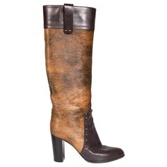 Sergio Rossi Brown Pony Hair Stud Knee High Boots Size IT 40.5