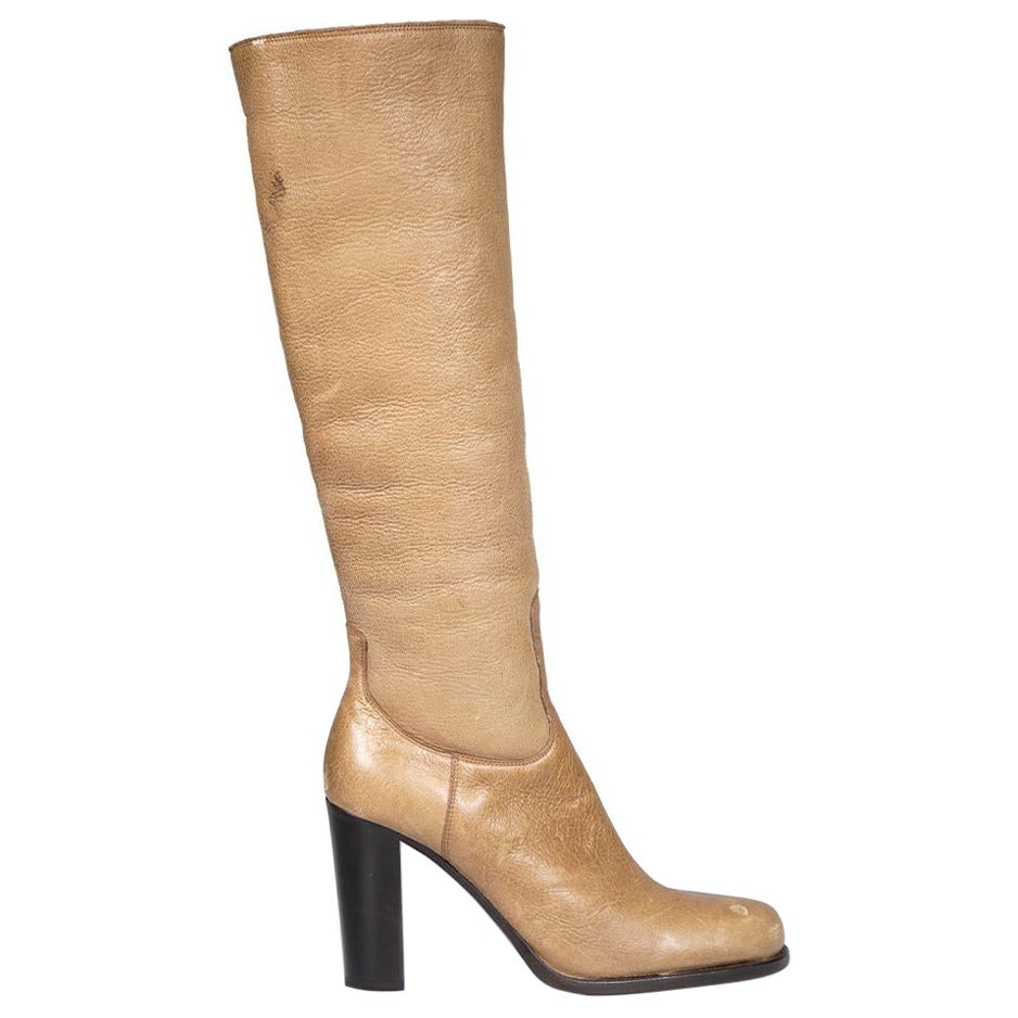 Jil Sander Camel Leather Shearling Knee High Boots Size IT 38.5 For Sale
