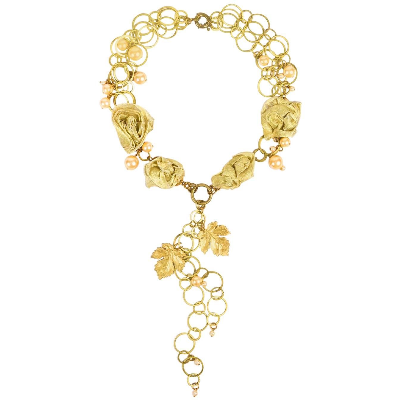 Susanna Galanis Vintage Brass Mother Of Pearl Ribbon Necklace For Sale