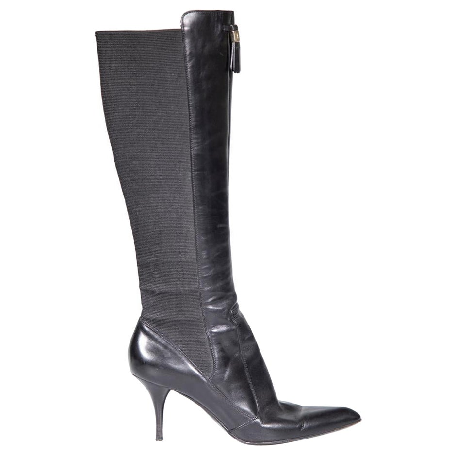 Saint Laurent Black Leather Tassel Knee-High Boots Size IT 38 For Sale