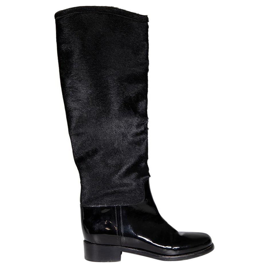 Chanel Black Patent Pony Hair CC Knee High Boots Size IT 37 For Sale