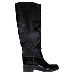 Retro Chanel Black Patent Pony Hair CC Knee High Boots Size IT 37