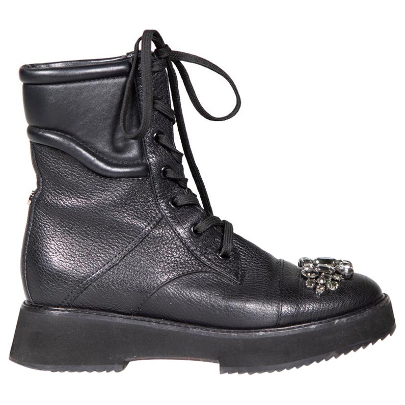 Jimmy Choo Black Leather Crystal Biker Boots Size IT 37.5 For Sale