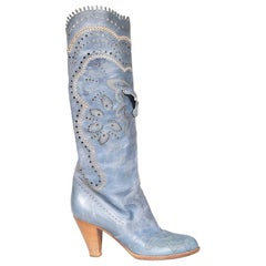 Anna Sui Blue Leather Lasercut Butterfly Cowboy Boots Size IT 37.5