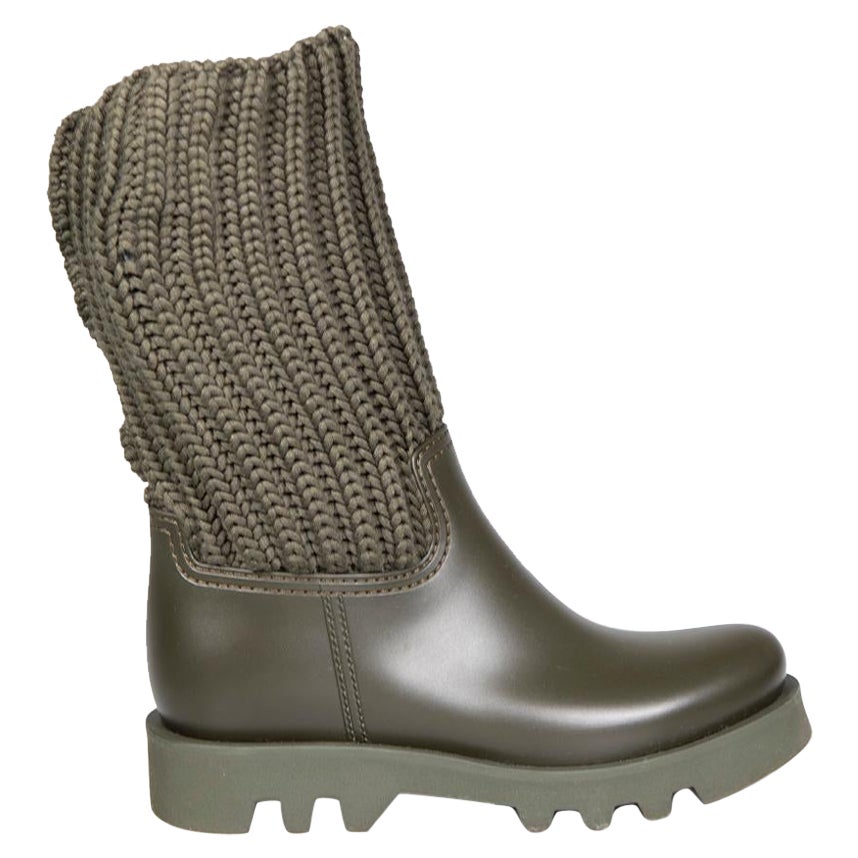 Moncler Green Ginette Knit Short Rain Boots Size IT 38 For Sale