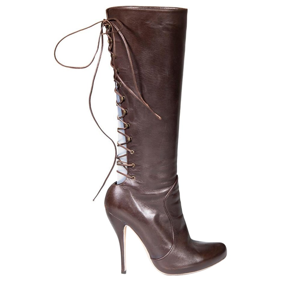 Alexander McQueen Brown Leather Lace-Up Boots Size IT 38 For Sale