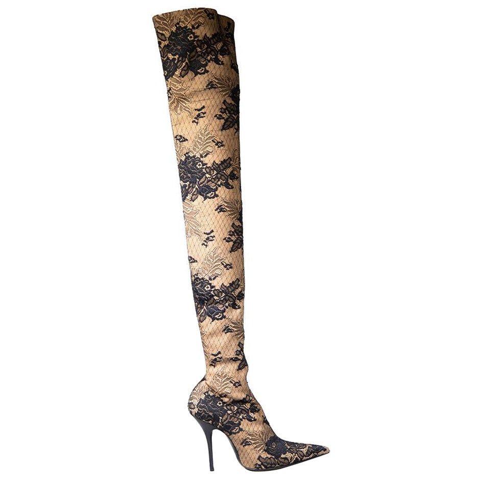 Balenciaga Beige Floral Lace Knife Boots Size IT 39 For Sale