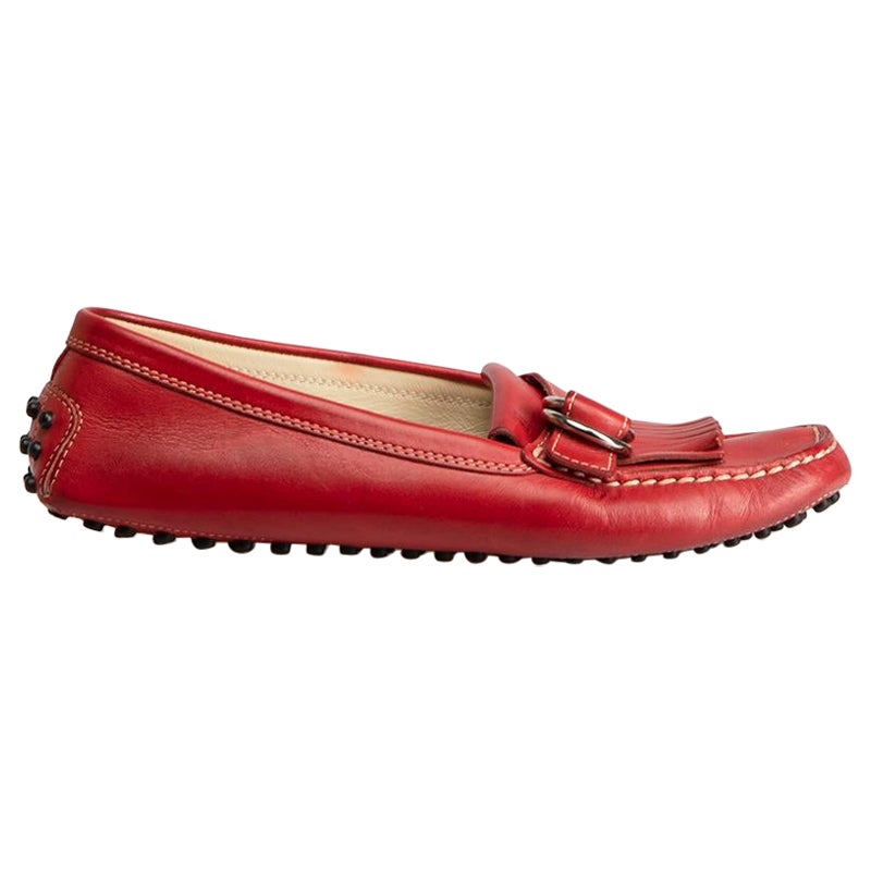 Tod's Red Leather Fringed Driving Moccasins Size IT 38 For Sale