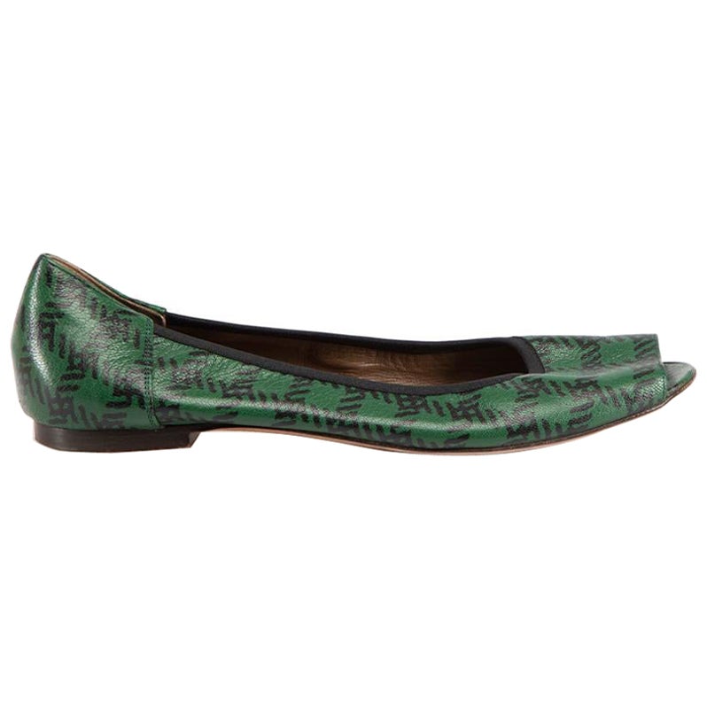 Marni Green Leather Checkered Peep Toe Flats Size IT 38 For Sale