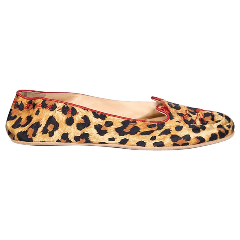 Charlotte Olympia Brown Leopard Print Kitty Flats Size IT 39 For Sale