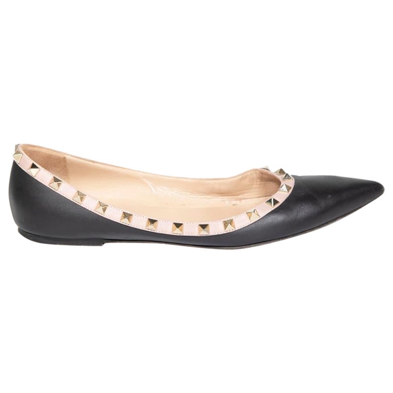 Valentino Black Leather Rockstud Pointed-Toe Flats Size IT 40.5 For Sale