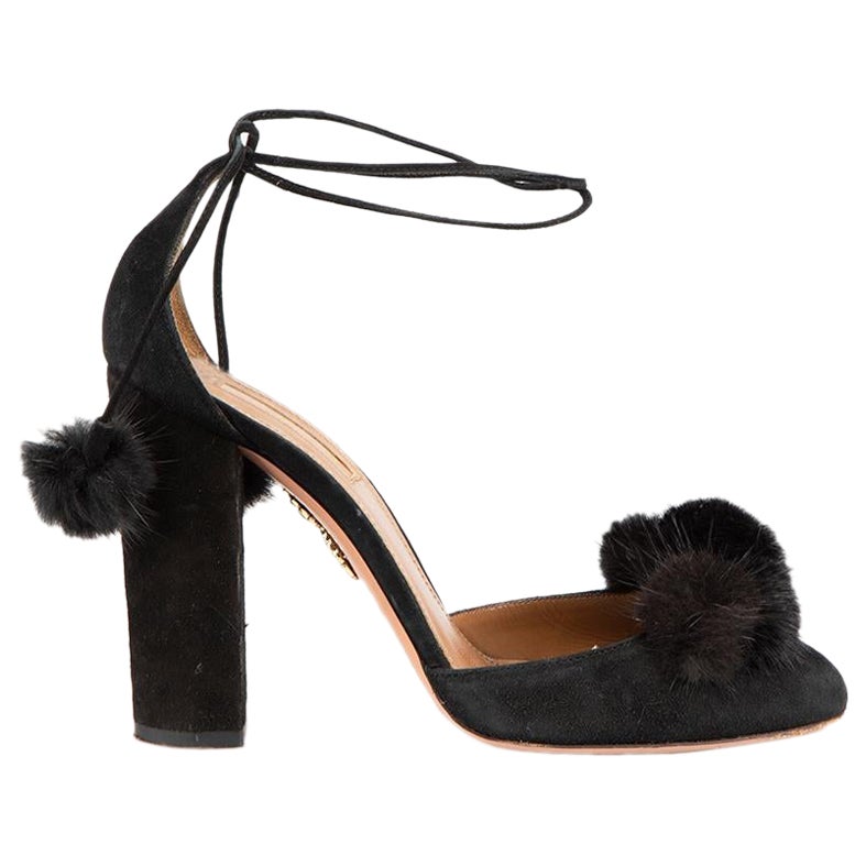 Aquazzura Black Suede Fur Pompom Strappy Heels Size IT 37 For Sale