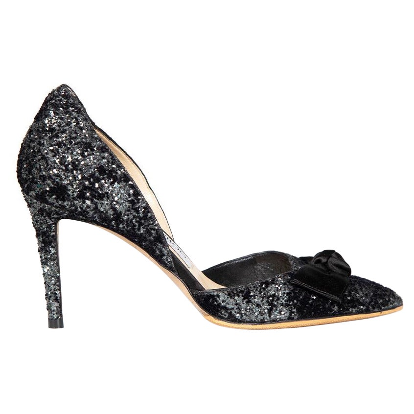 Jimmy Choo Black Glitter Bow Accent D‚AoOrsay Heels Size IT 34 For Sale