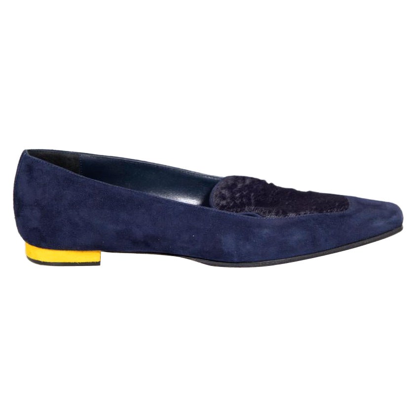 Manolo Blahnik Navy Suede Square Toe Loafers Size IT 37 For Sale