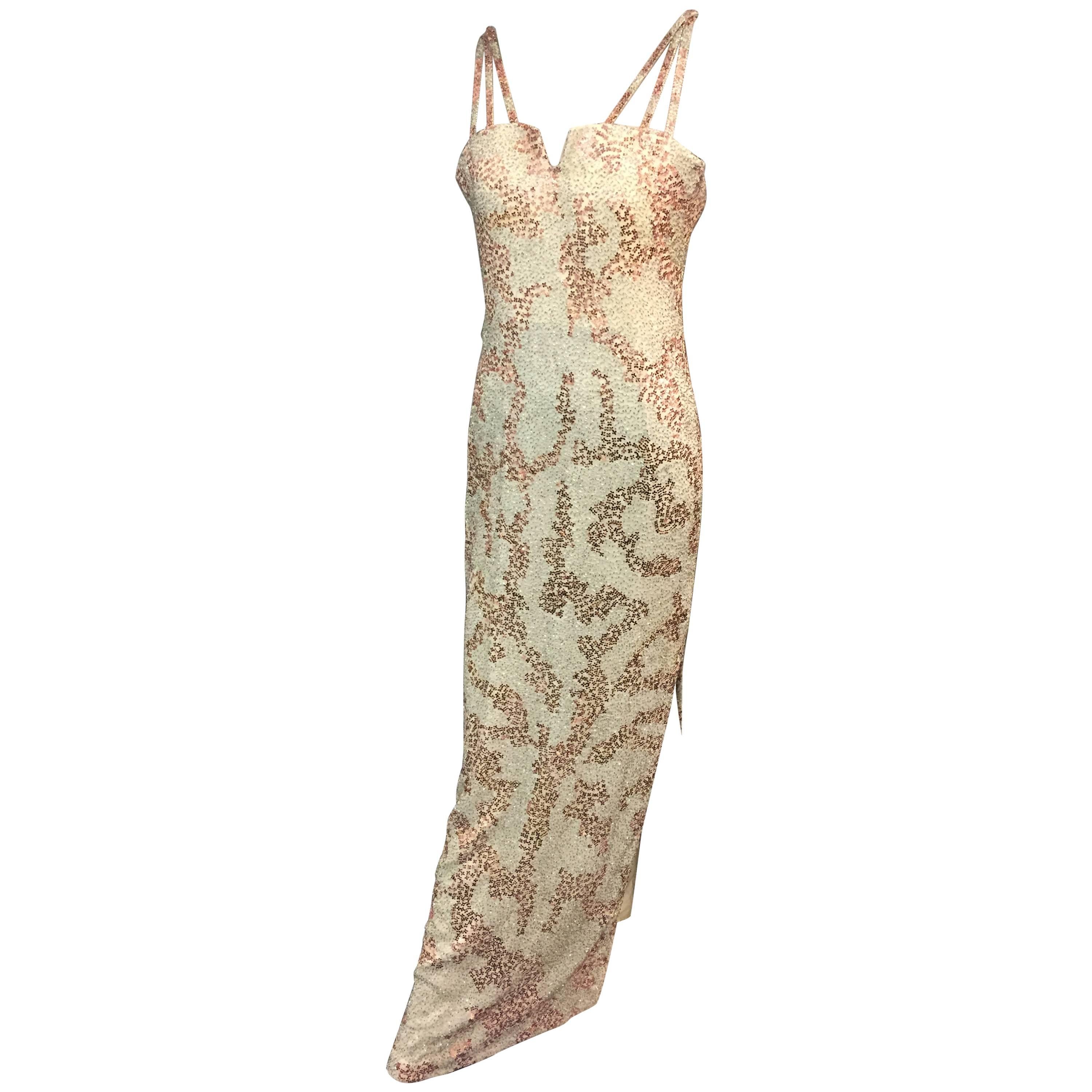1990s Andre Laug Silver & Copper Beaded & Sequin Gown W/ Darring Slit