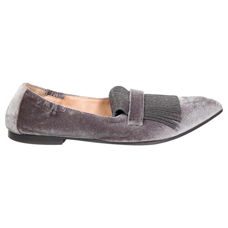Brunello Cucinelli Grey Velvet Beaded Tassel Accent Loafers Size IT 36 For Sale