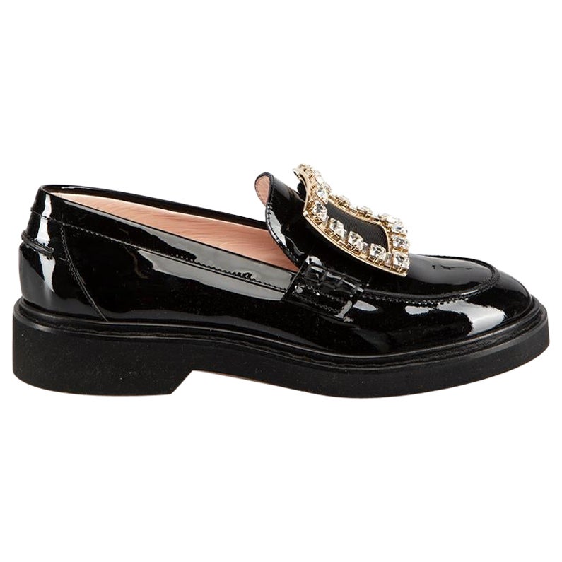 Roger Vivier Black Patent Leather Gemstone Buckle Loafers Size IT 38 For Sale