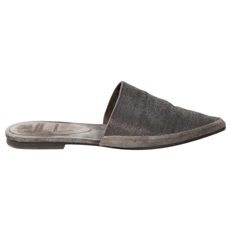 Brunello Cucinelli Grey Suede Beaded Point Mules Size IT 36 For Sale