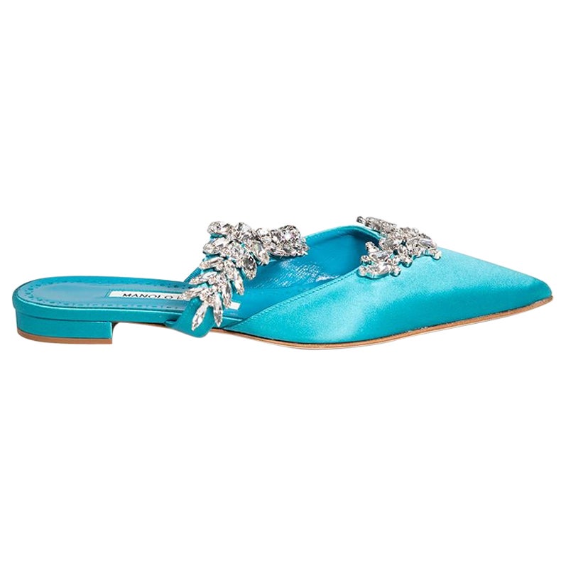 Manolo Blahnik Turquoise Embellished Lurum Mules Size IT 36.5 For Sale