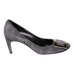 Used Roger Vivier Grey Suede Belle Buckle Accent Pumps Size IT 37