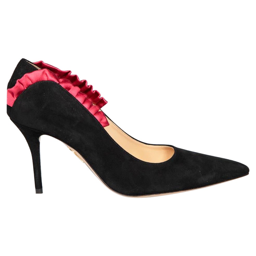 Charlotte Olympia Black Suede Ruffle Trim Pumps Size IT 37 For Sale