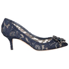 Used Dolce & Gabbana Navy Lace Bellucci Pointed Toe Pumps Size IT 37