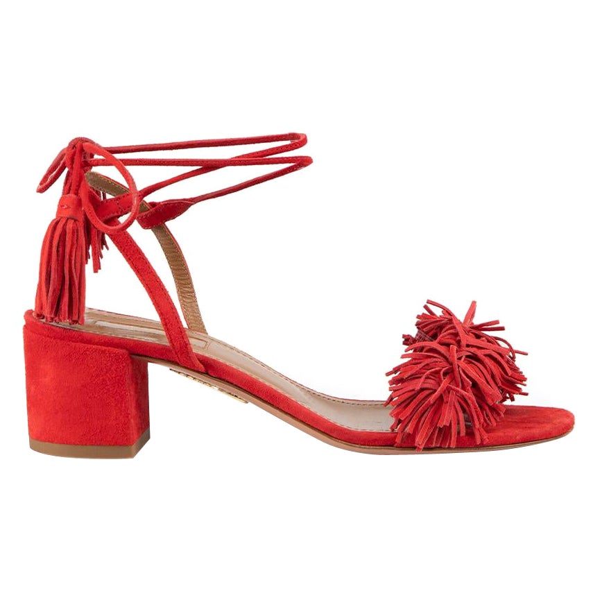 Aquazzura Red Suede Fringed Strappy Sandals Size IT 36 For Sale