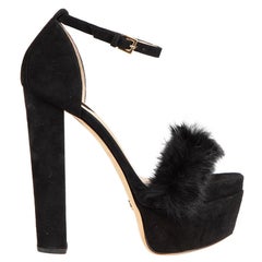 Elie Saab Black Suede & Rabbit Fur Platform Sandals Size IT 38.5
