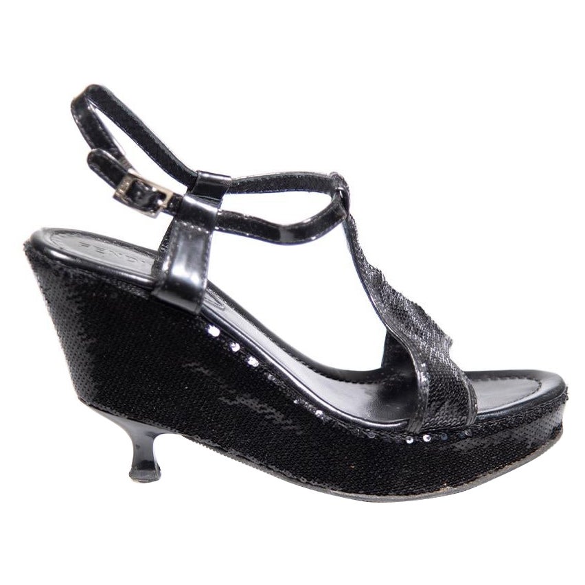 Fendi Black Sequinned Kitten Wedge Sandals Size IT 38.5 For Sale