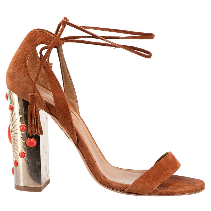 Aquazzura Brown Suede Embellished Heeled Sandals Size EU 36 For Sale