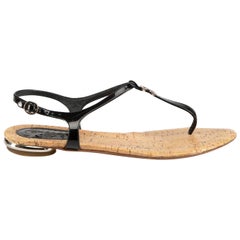 Chanel Black Patent Leather CC Thong Sandals Size IT 38.5