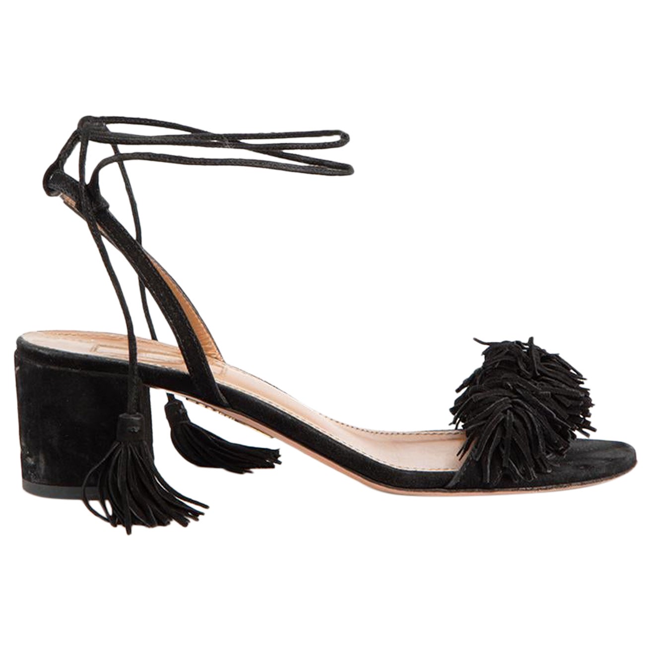 Aquazzura Black Suede Tassel Trim Heeled Sandals Size IT 36 For Sale