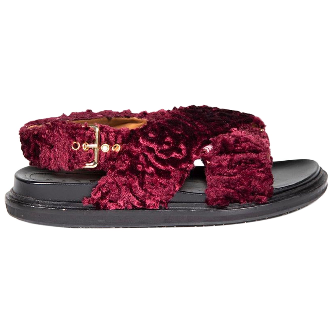 Marni Burgundy Faux Shearling Fussbett Strap Sandals Size IT 38 For Sale