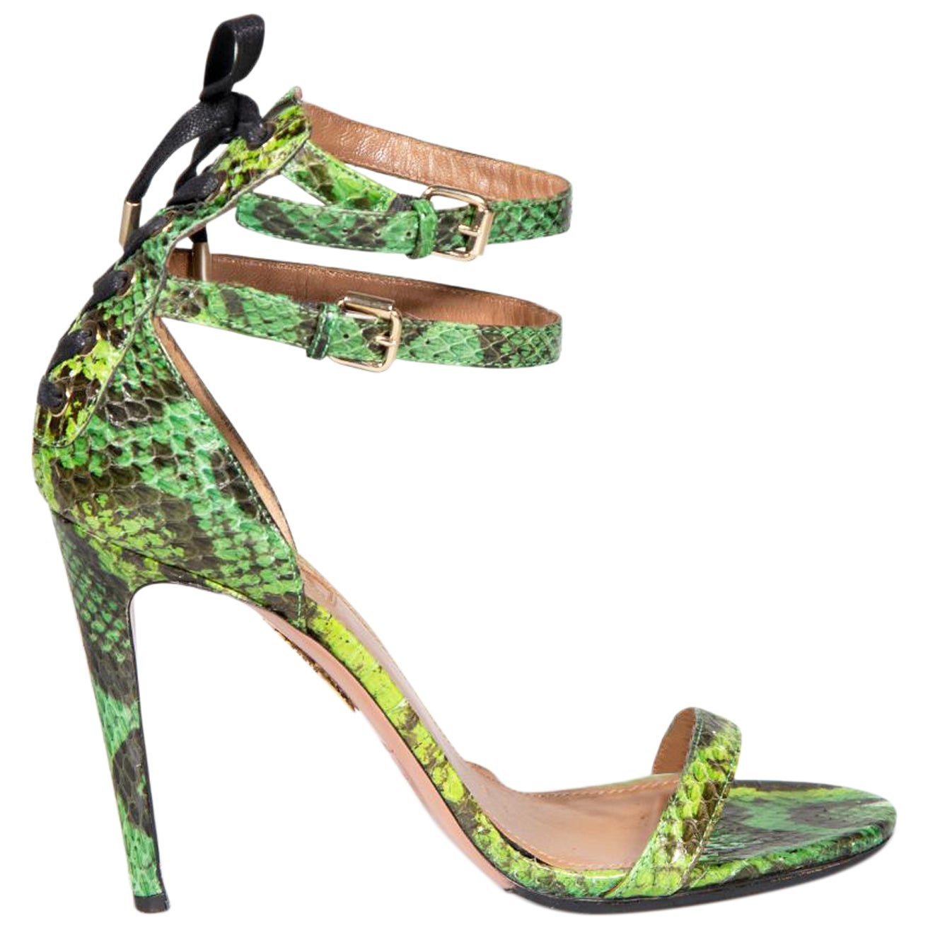 Aquazzura Green Snakeskin Laced Heeled Sandals Size IT 39.5 For Sale