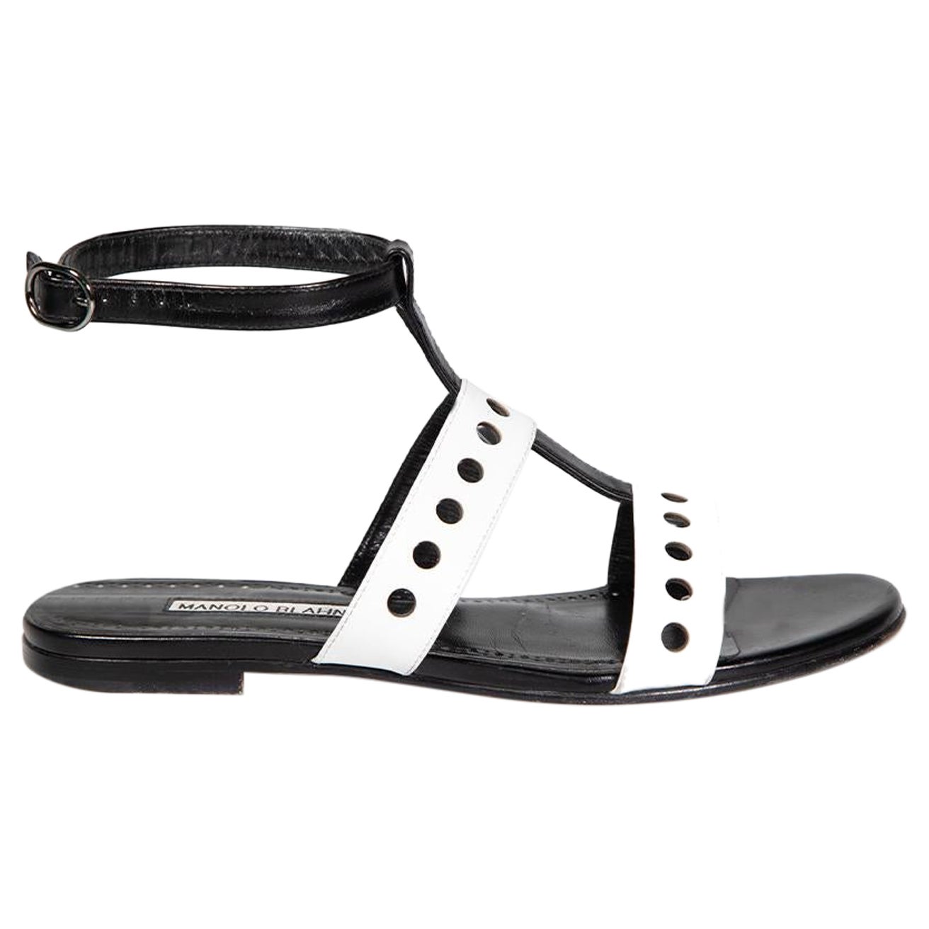 Manolo Blahnik Schwarz-Weiße Sandalen mit Kreisdetails in Schwarz & Weiß, Größe IT 37 im Angebot