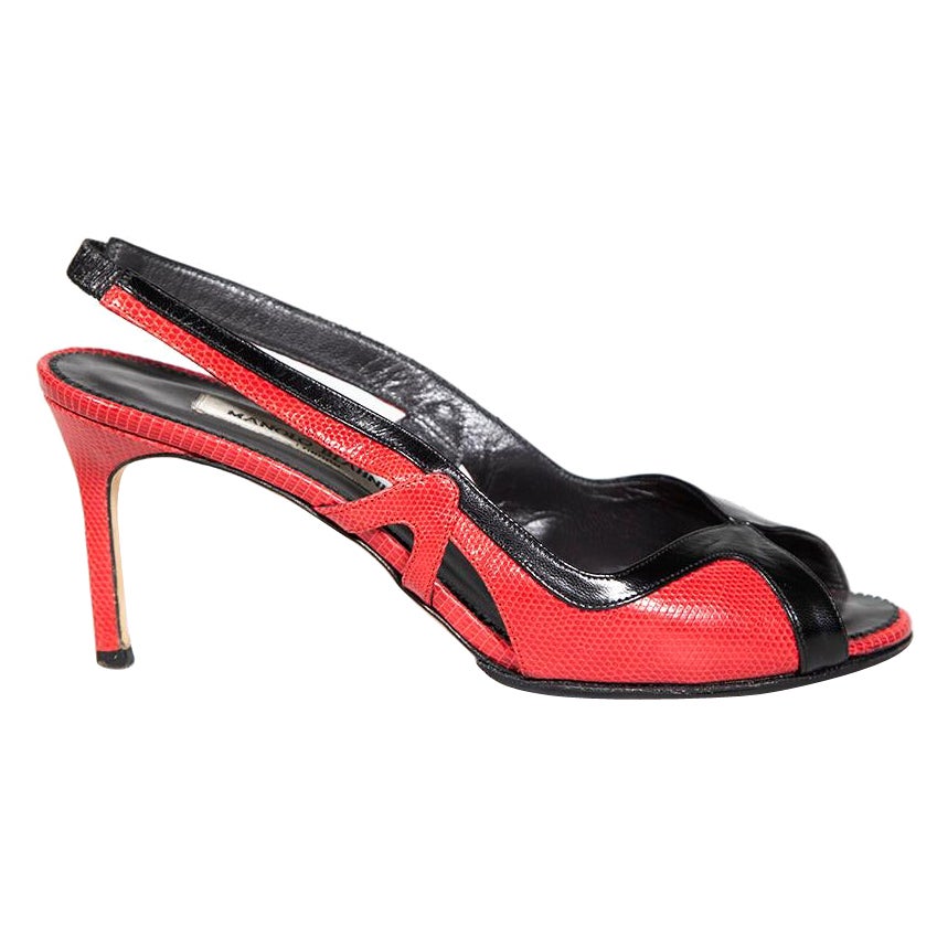 Manolo Blahnik Red & Black Leather Slingback Sandals Size IT 38 For Sale