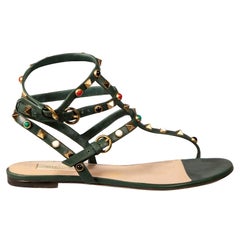 Valentino Green Leather Rockstud Thong Sandals Size IT 38