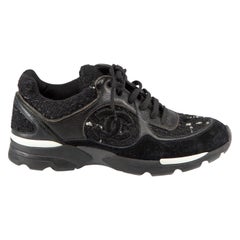 Used Chanel Black Tweed Goatskin Panelled CC Trainers Size IT 36.5