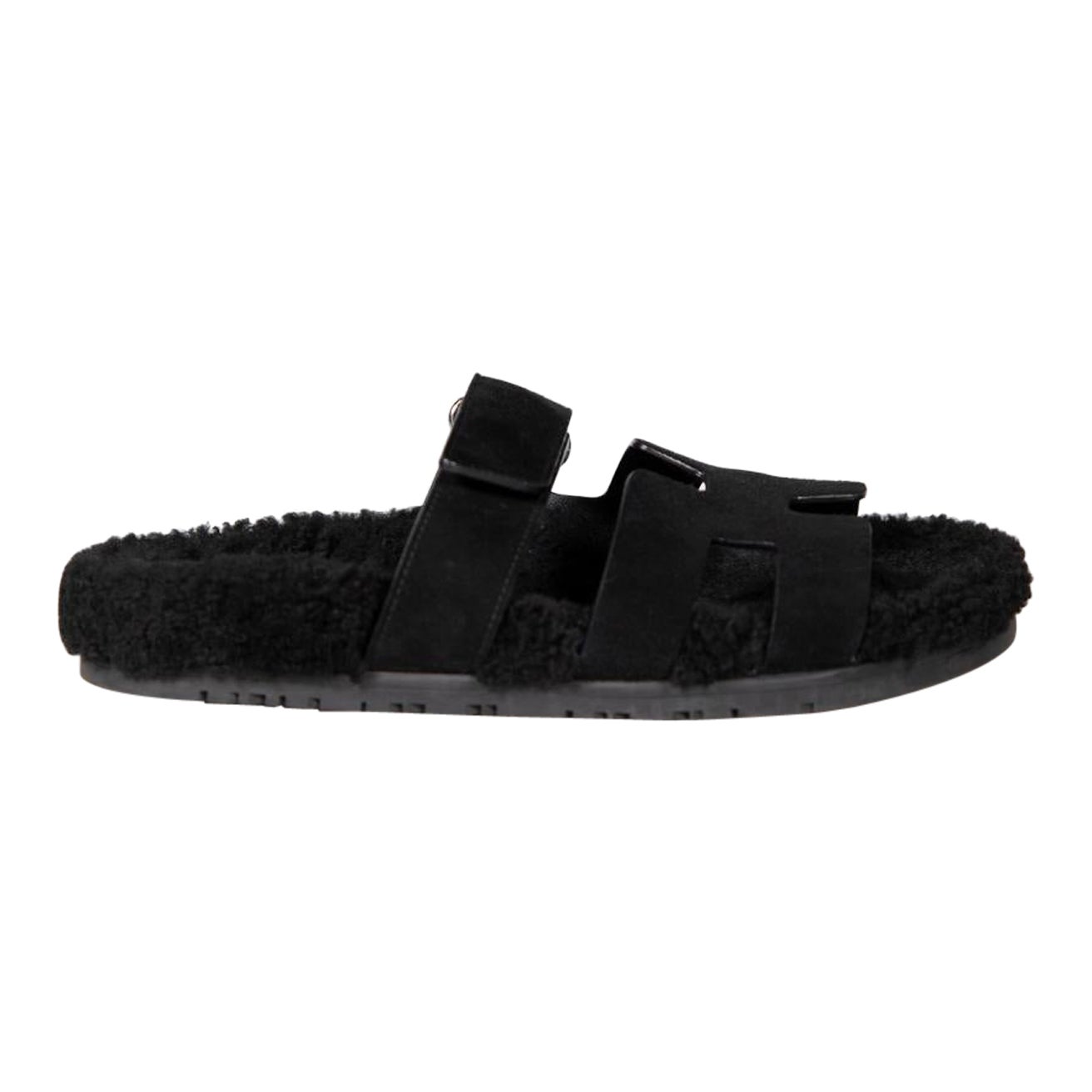 Hermès Black Shearling Chypre Velcro Sandals Size IT 38 For Sale