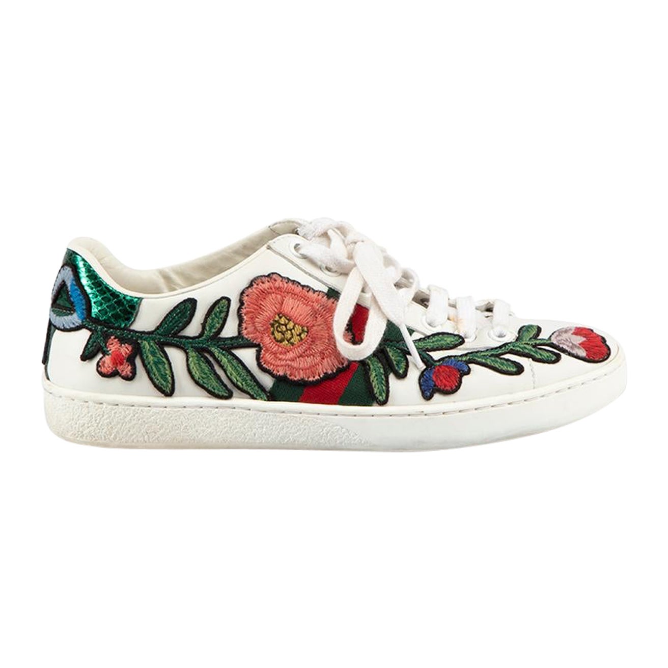 Gucci White Floral Web Accent Trainers Size IT 35 For Sale