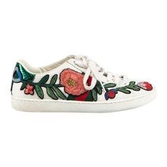 Used Gucci White Floral Web Accent Trainers Size IT 35